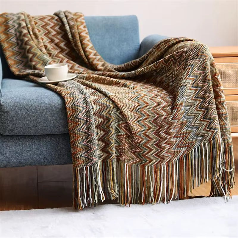 Boho stripe throw blanket with hand-knotted fringe, zigzag cotton knit weave in bold saturated tones