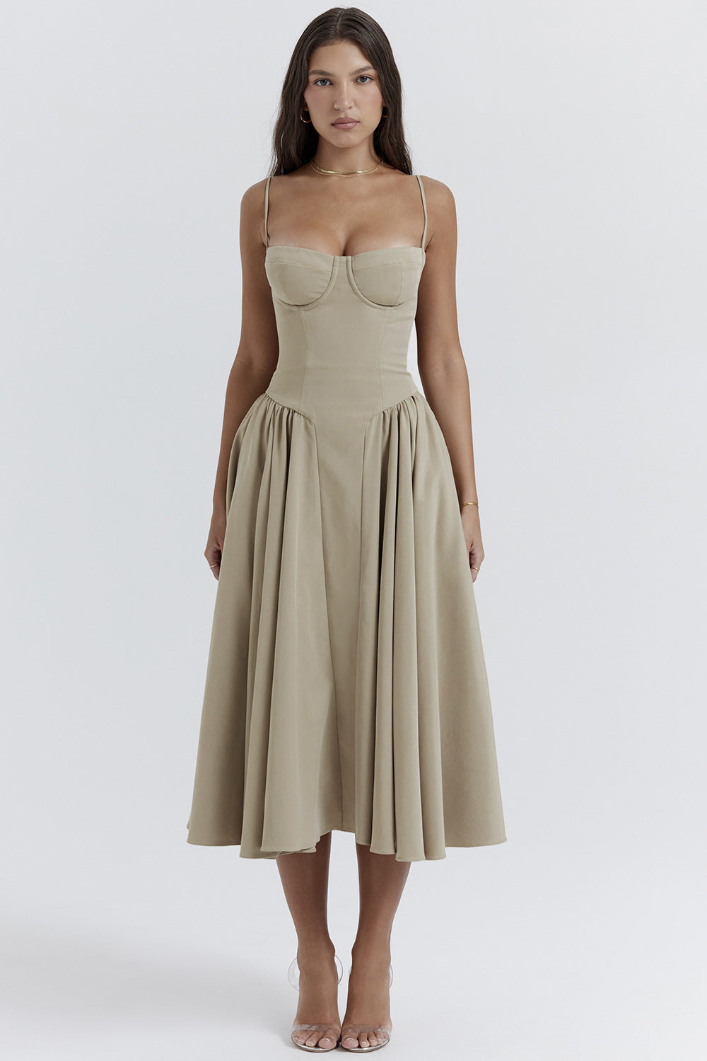 Natalie pleated midi dress slim straps structured bodice flared skirt hidden pockets spring