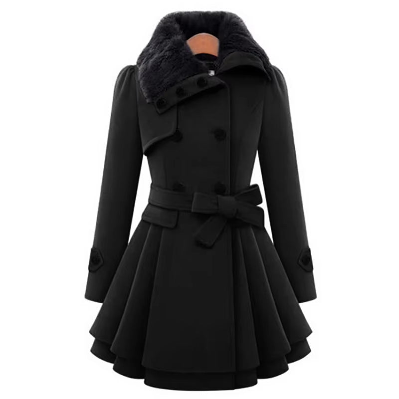 Women's wool overcoat in elegant silhouette, double-breasted belted fit with plush faux fur collar and layered hem