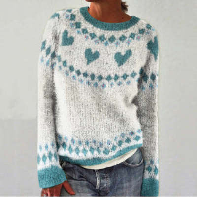 Women's multicolored ethnic knit sweater relaxed silhouette warm winter cozy style