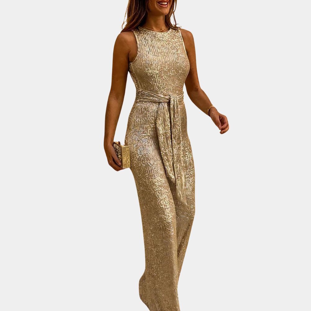 Women's silver sequined jumpsuit elegant wide-leg cut sparkling glitter detailing for evening events