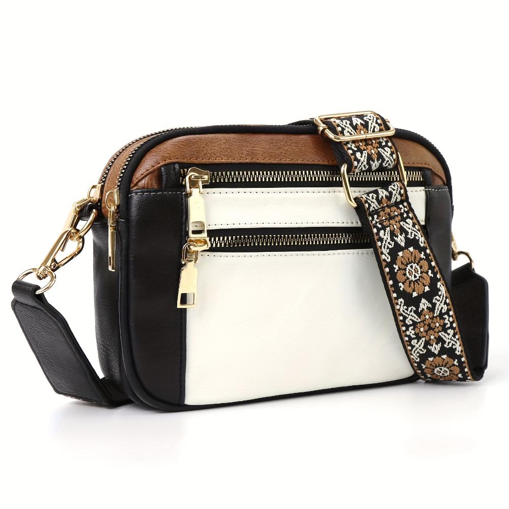 Compact vegan leather crossbody bag two-tone finish gold hardware detachable strap everyday organizer