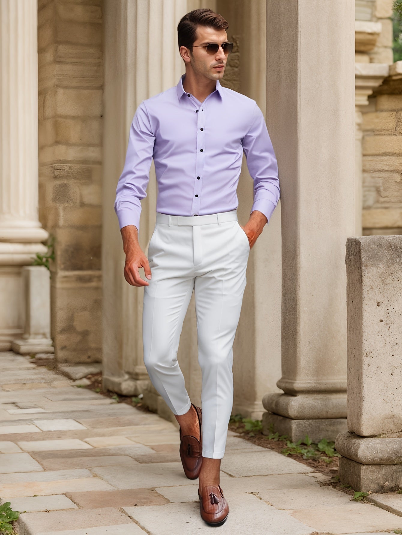 Men's slim fit stretch dress shirt solid color ultra-light breathable fabric all-season comfort