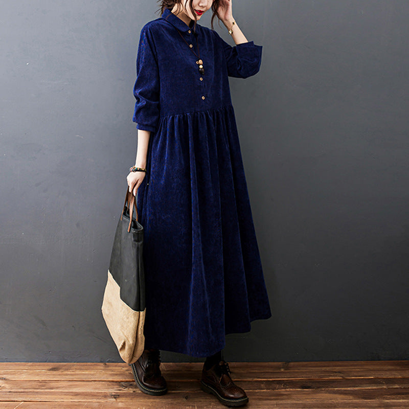 Women's corduroy maxi dress with shirt collar, button placket, loose silhouette in warm textured fabric