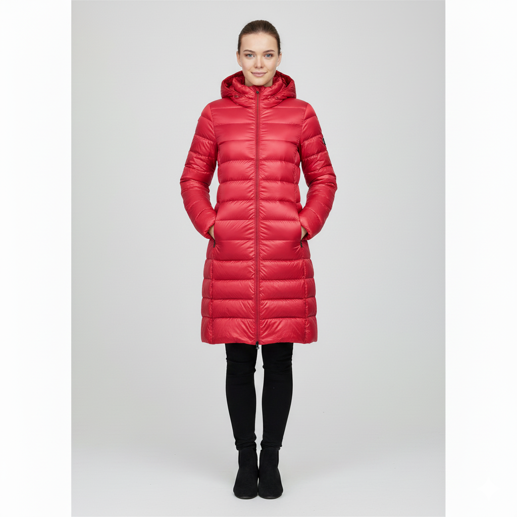 Women's slim fit lightweight puffer down jacket with detachable hood, mid-length winter warmth