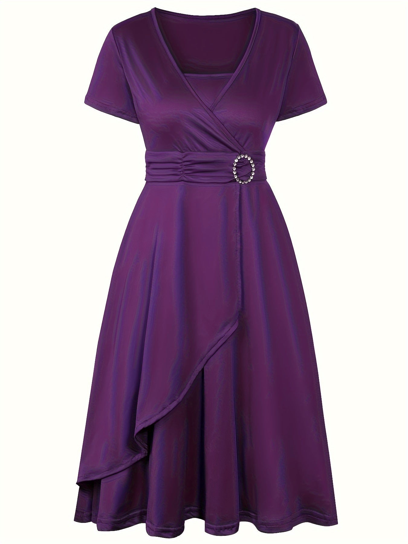 Women's wrap dress V-neck short sleeves elegant waist detail flattering day-to-night silhouette