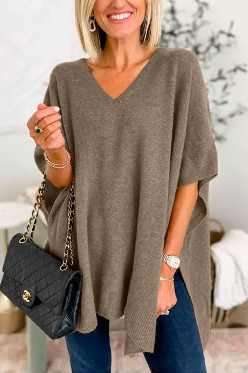 Women's solid cashmere poncho sweater V-neck loose fit lightweight breathable layering essential