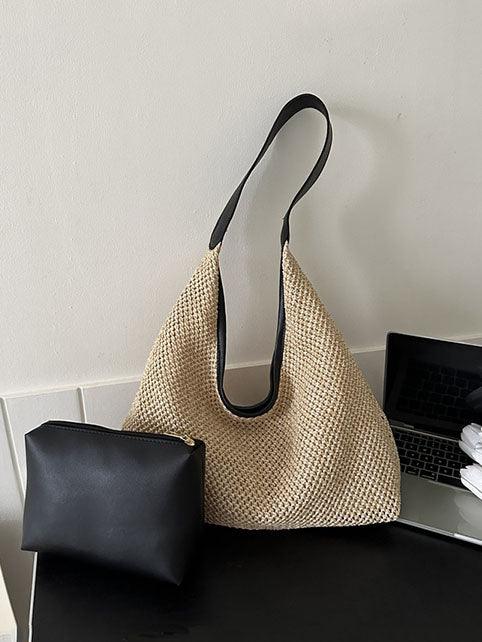 Boho woven straw beach tote bag with spacious interior and durable bohemian craftsmanship