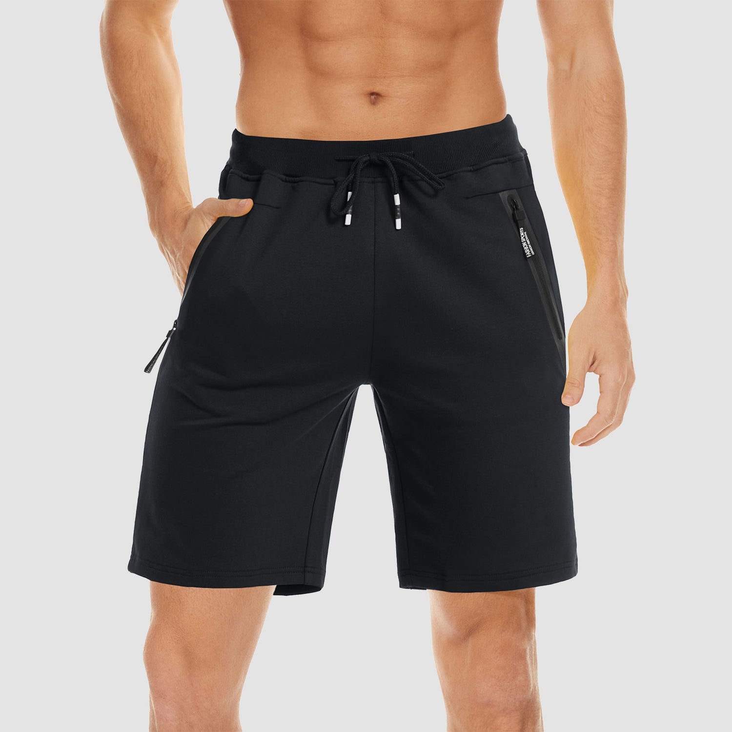 Men's cotton jogger shorts elastic waist zipper pockets moisture-wicking quick-dry performance fit