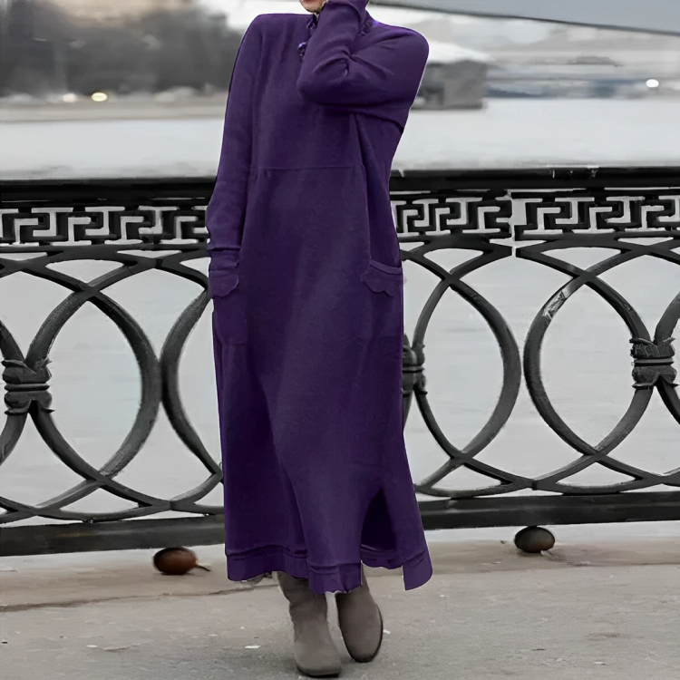 Women's black long sleeve knit maxi dress relaxed silhouette high neckline side slit pockets