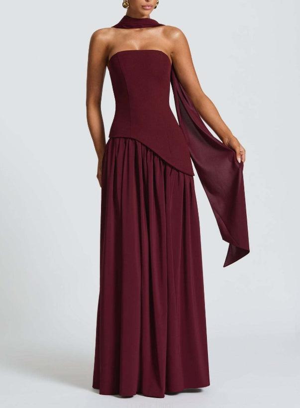 Plum brown strapless crepe maxi dress with asymmetrical chiffon skirt and thigh-high slit