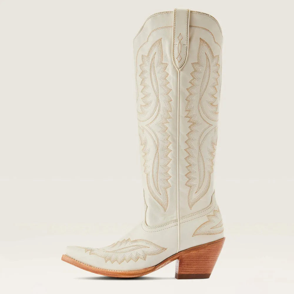 Women's western cowboy boots with floral embroidery, pointed toe, mid heel, and easy pull tabs