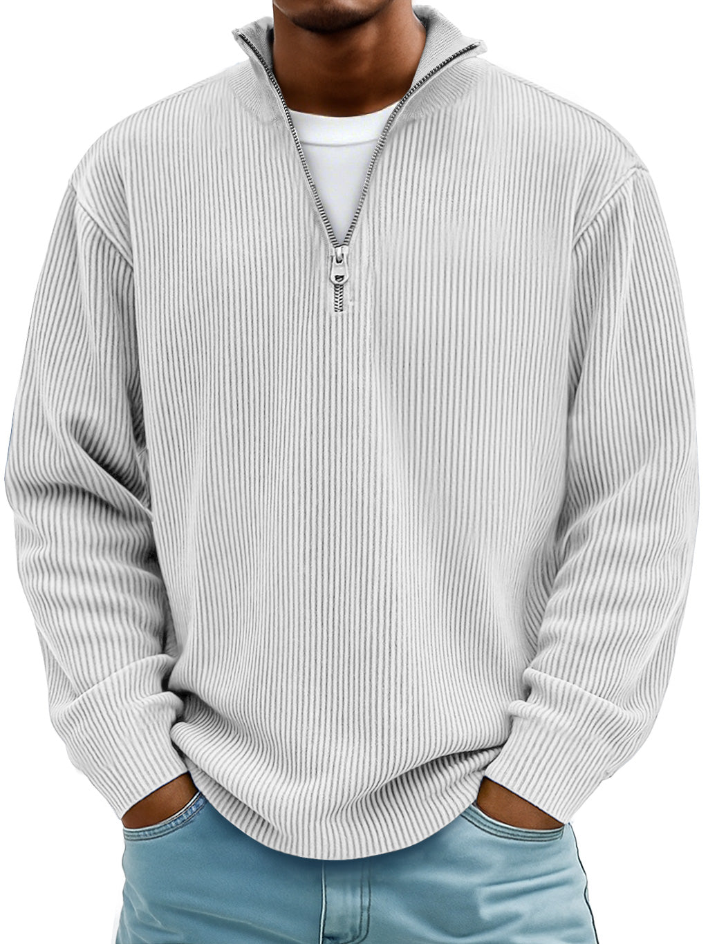 Men's ribbed half-zip winter sweater in neutral tone, modern slim fit with textured knit detail