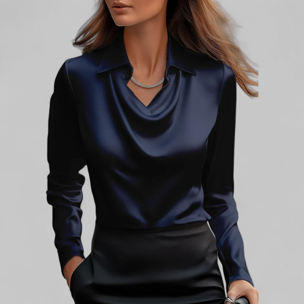 Women's ivory satin blouse with draped fluid silhouette, structured collar, and polished everyday elegance