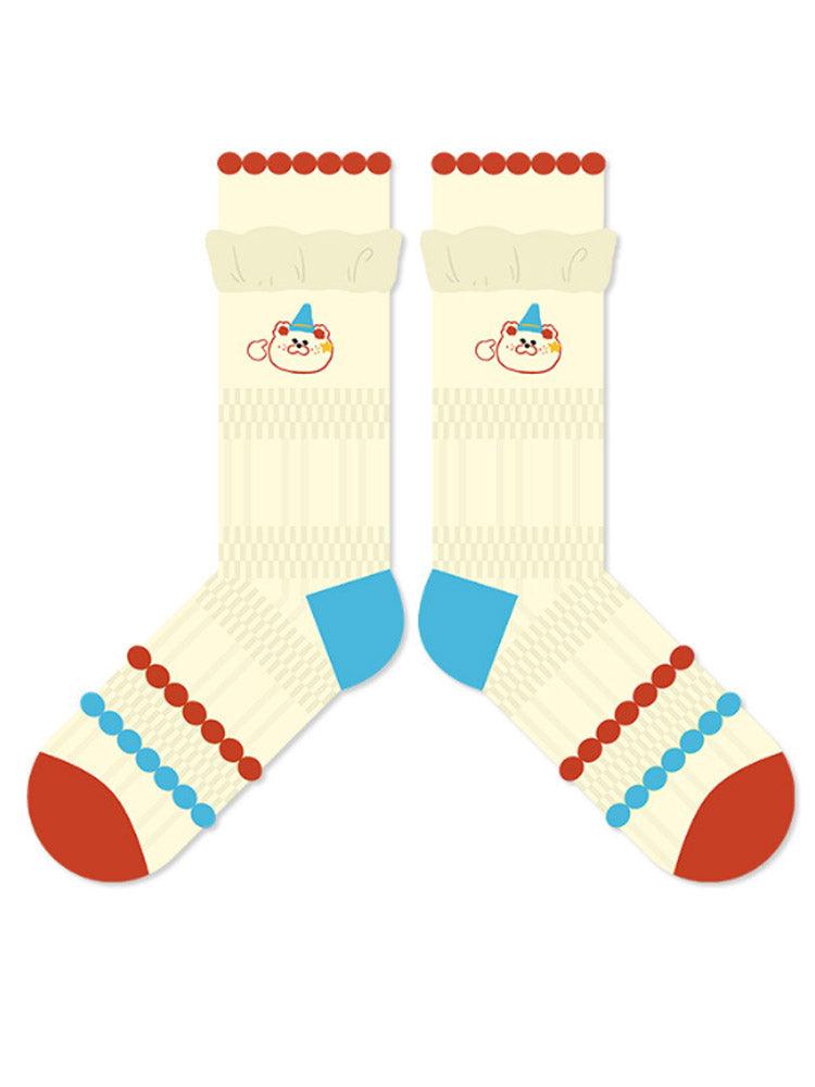 Kids striped socks with cartoon red flower motifs, soft breathable knit for playful boho comfort