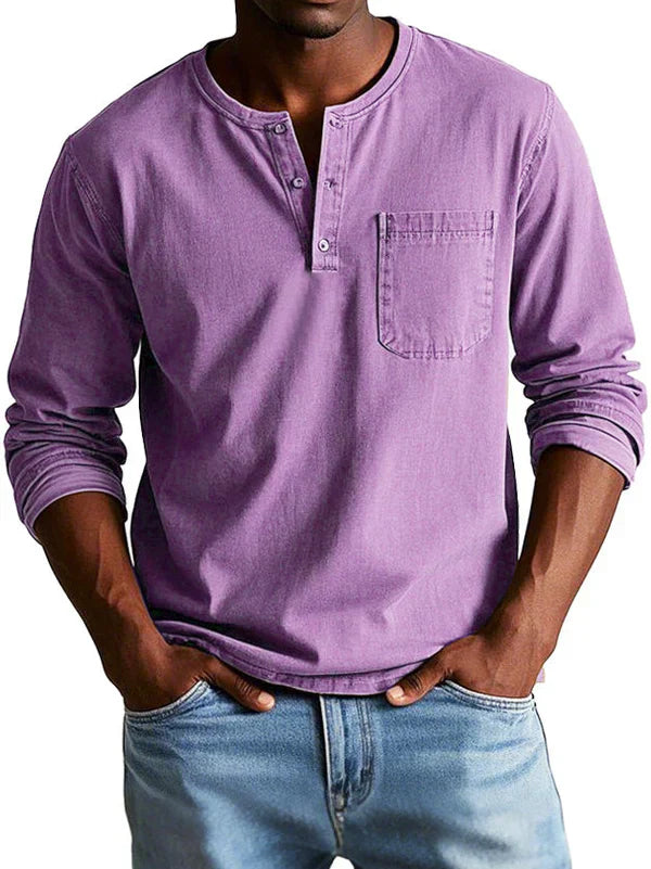 Men's casual long sleeve Henley shirt classic button-down collar relaxed fit everyday comfort style