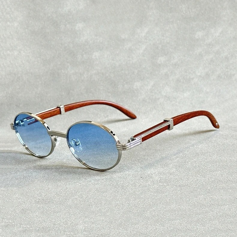 Solé round woodgrain sunglasses with gold detailing and UV400 protection, vintage-inspired lightweight frames