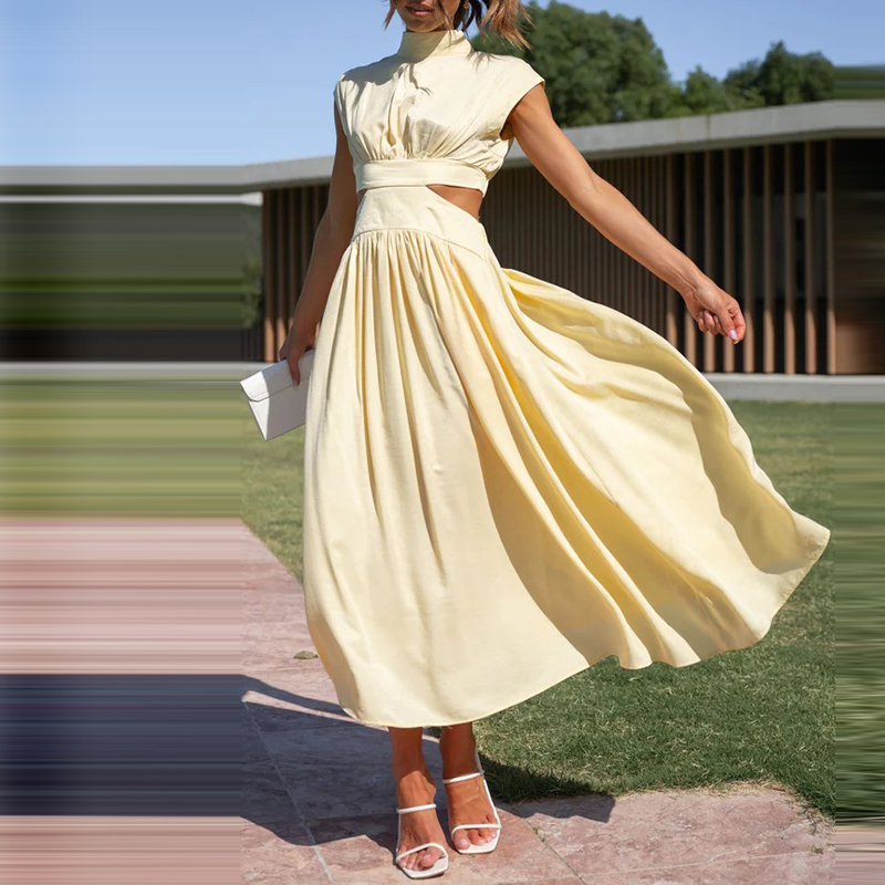 Women's elegant high-waist maxi dress in breathable cotton-polyester blend with practical side pockets