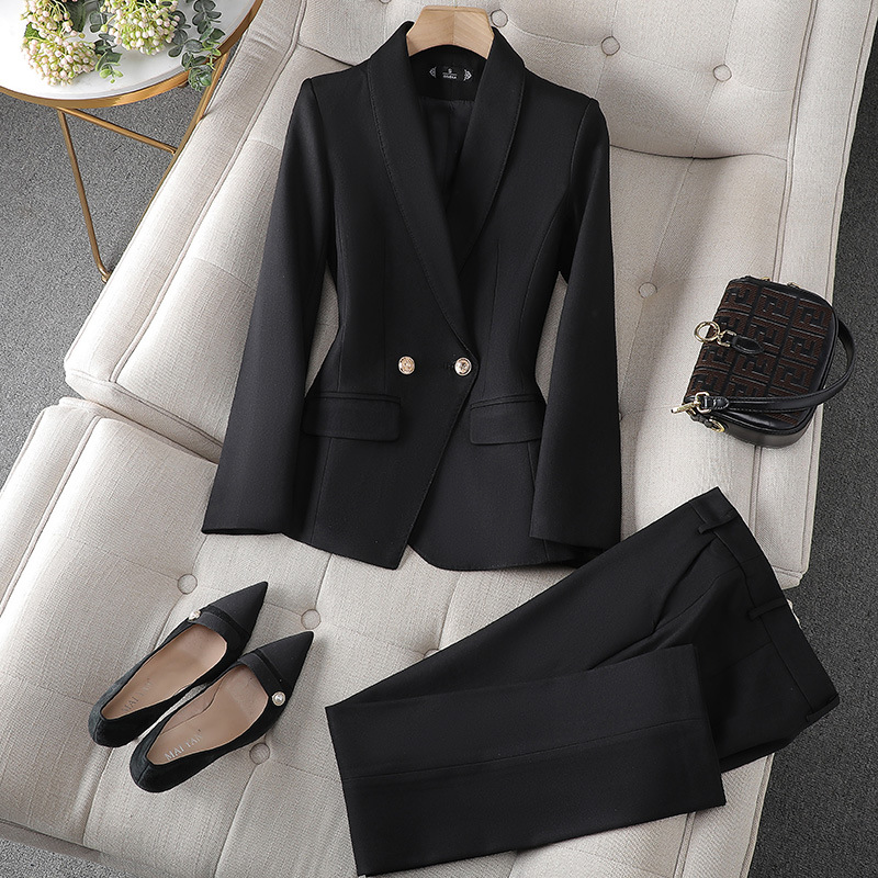 Women's formal blazer and pants set in polished tailored two-piece suit for office professionals