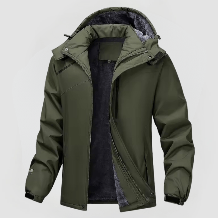 Men's structured hooded outdoor jacket in warm tones with refined fit for daily wear