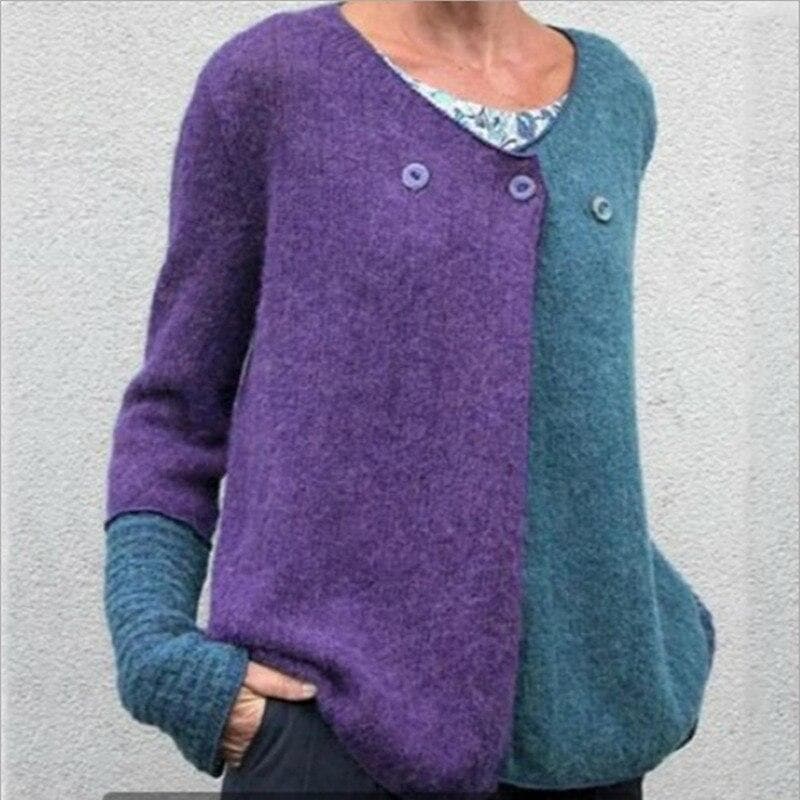 Sophia color block relaxed fit sweater with scoop neck, drop shoulders, and button front detail
