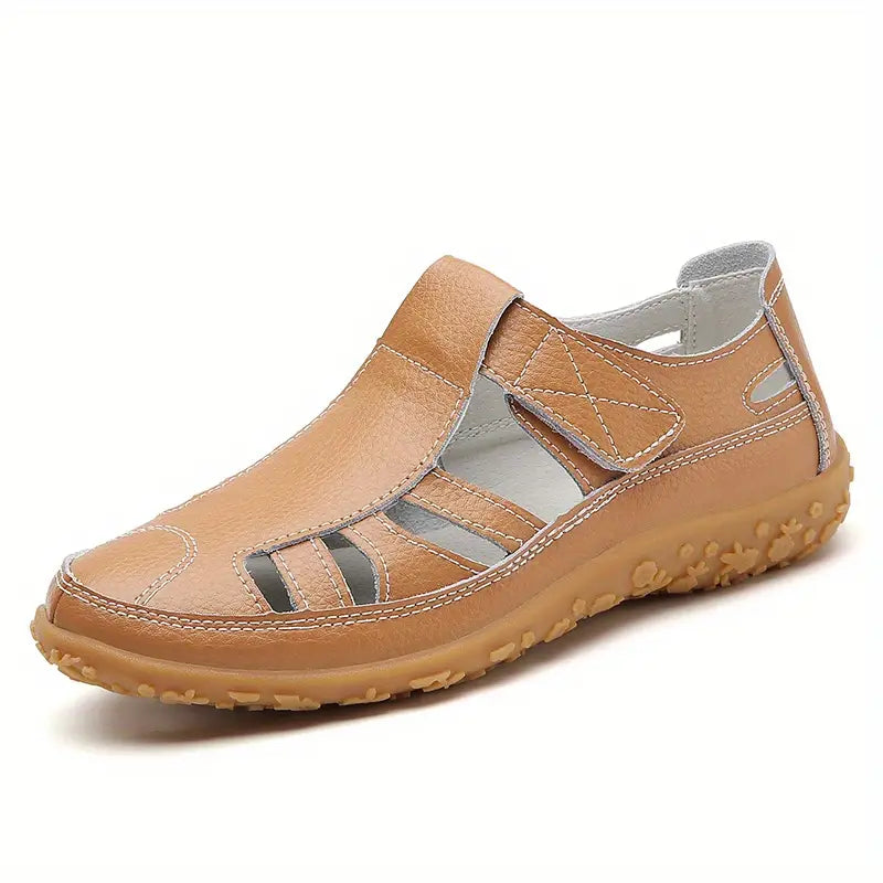 Women's casual leather sandals beige EVA foam cushioned velcro strap summer beach city walk