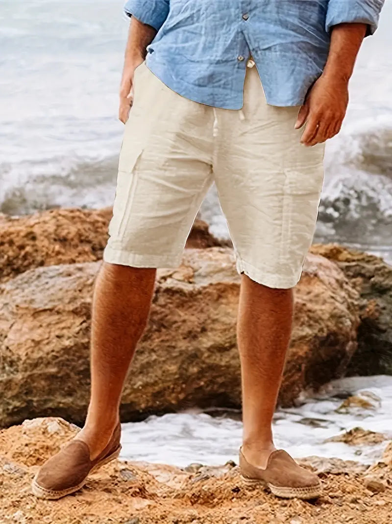 Men's khaki cotton cargo shorts relaxed fit with multiple utility side pockets for outdoor wear