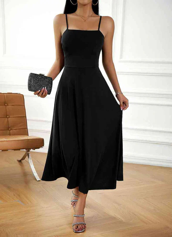 Beige midi swing dress Julia style, feminine flared silhouette with effortless chic comfortable fit