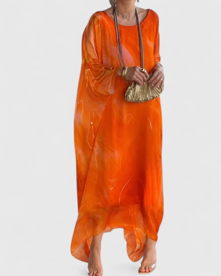 Women's loose-fit artistic maxi dress with flowing silhouette and expressive pattern detailing