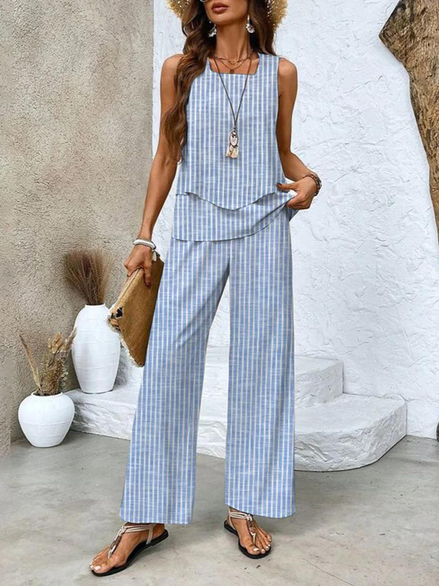 Women's white layered sleeveless square-neck top and wide-leg trousers two-piece summer set