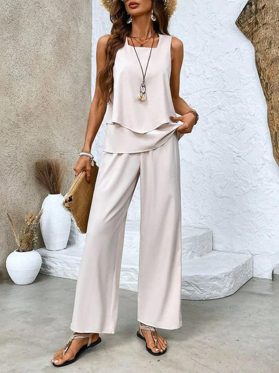 Women's white layered sleeveless square-neck top and wide-leg trousers two-piece summer set