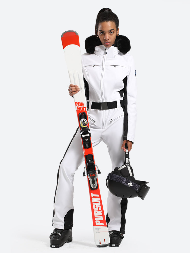 Women's one piece ski suit faux fur trim removable hood 15K waterproof slim fit snowsuit