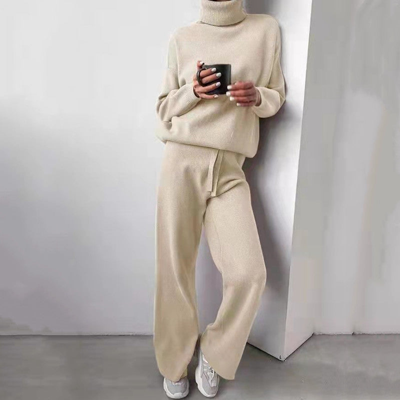 Sienna women's knitted turtleneck set beige wide-leg lounge two-piece cozy elegant casual wear