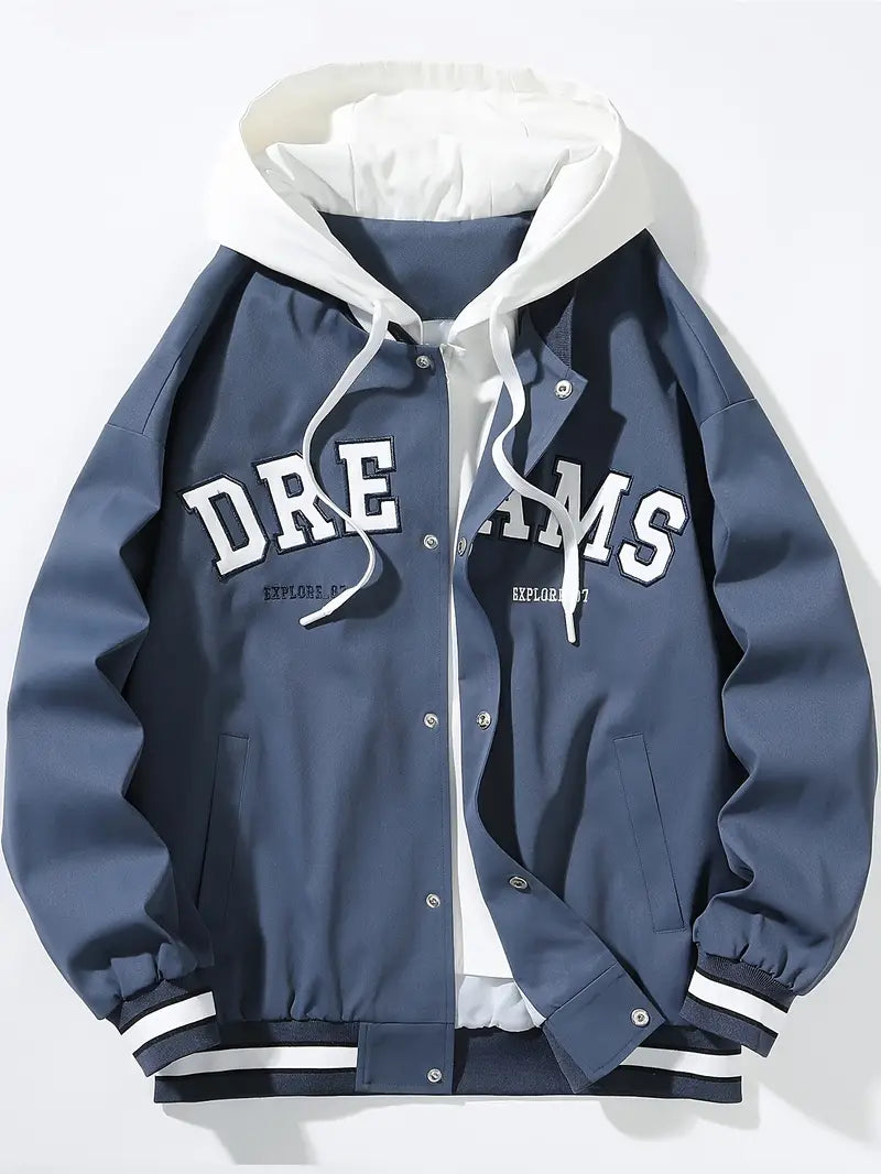 Men's black hoodie bomber jacket streetwear cotton blend with embroidered logo windproof hem