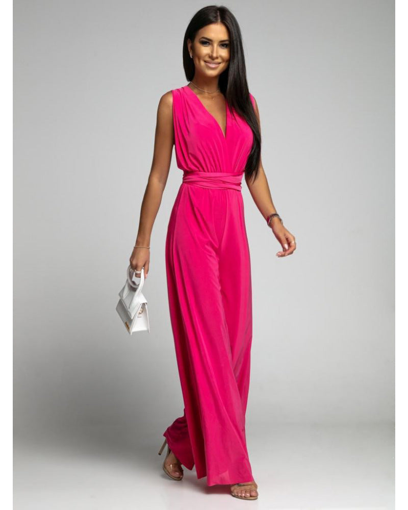 Black sleeveless backless deep V-neck jumpsuit elegant evening wear glamorous occasion