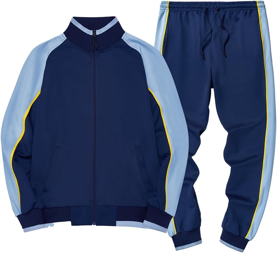 Men's regular fit tracksuit set zip-up jacket and pants with contrasting stripes, sporty style