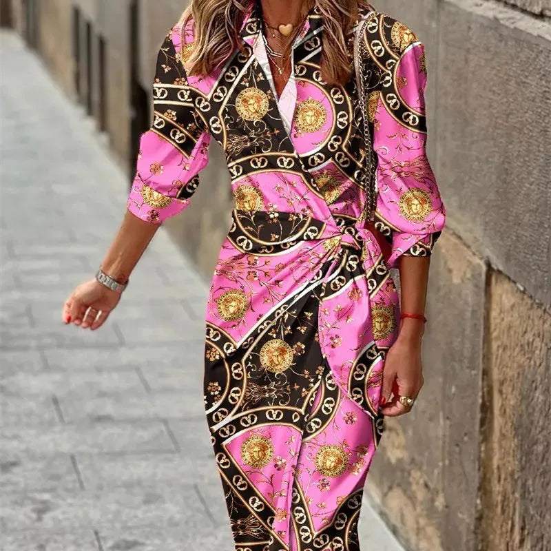 Amy bold printed wrap midi dress for women, V-neck belted silhouette with adjustable waist tie