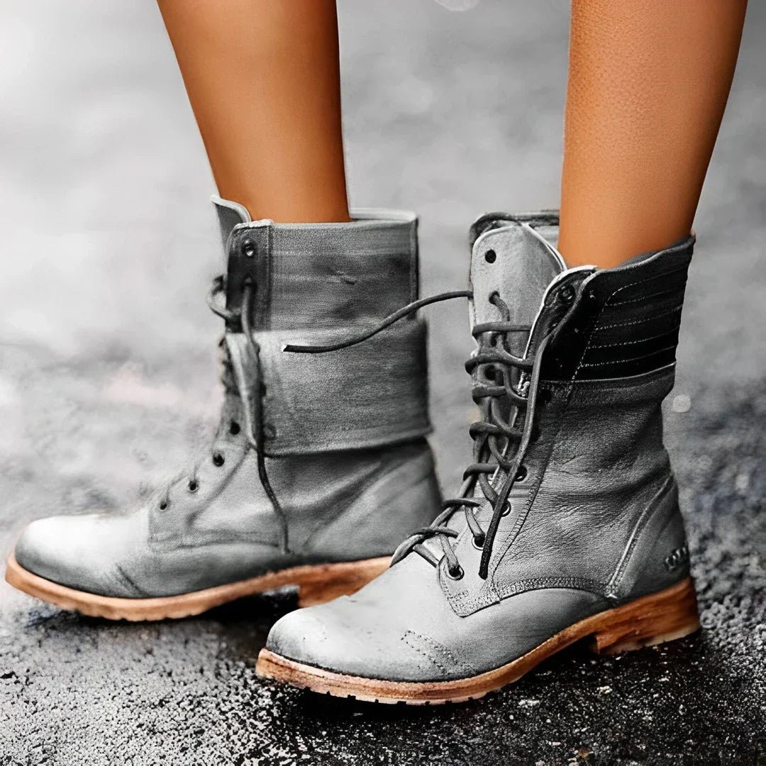 Chloe women black lace-up combat boots rugged durable style cushioned insole everyday wear