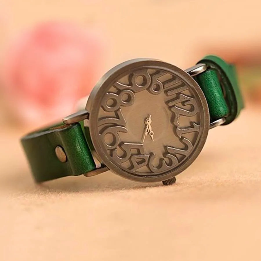 Celeste unisex wristwatch vintage dial bold 3D numerals genuine leather strap stainless steel case