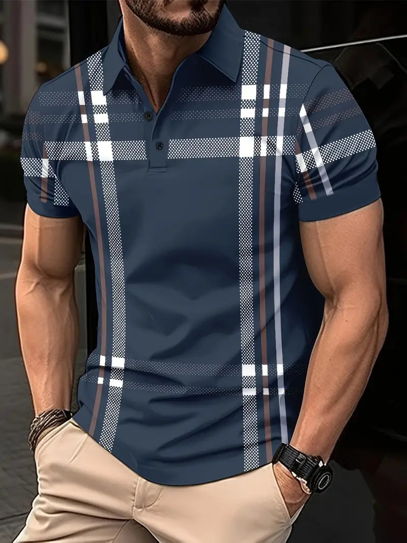 Men's navy golf sweater with elegant trim detailing on sleeves and hem, slim fit for stylish golfers