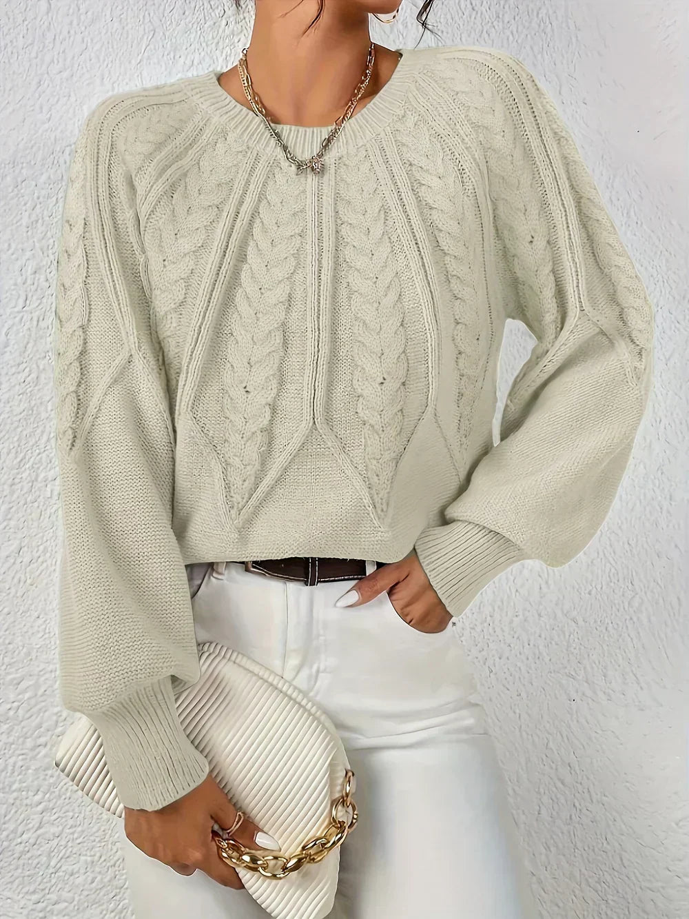 Women's cream cable knit crochet sweater relaxed fit with textured pattern design