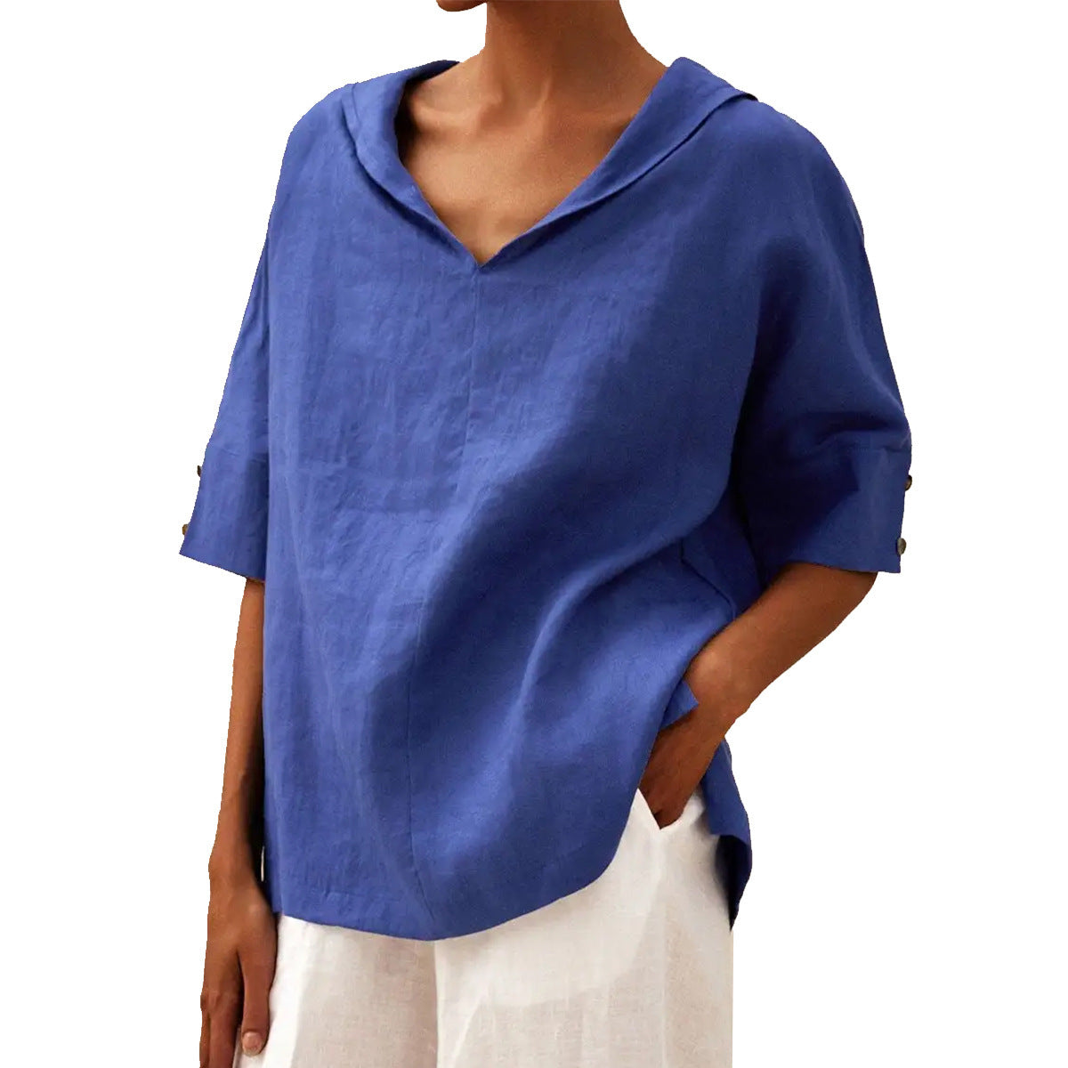 Women's solid V-neck half-sleeve blouse relaxed modern cut for effortless everyday chic comfort