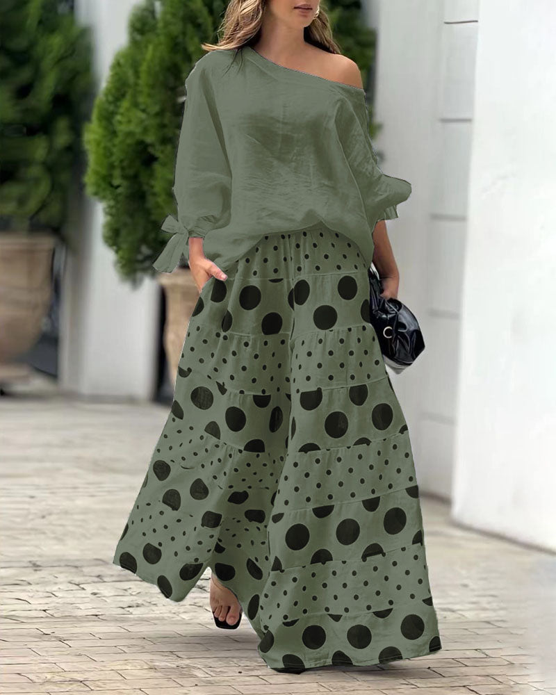 Women's casual two-piece set printed pants & shoulder top colorful spring summer coordinated outfit