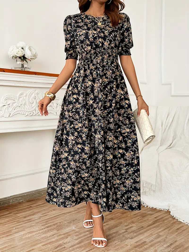 Women's floral summer dress with puff sleeves, smocked waist, lightweight breathable fabric, elegant fit
