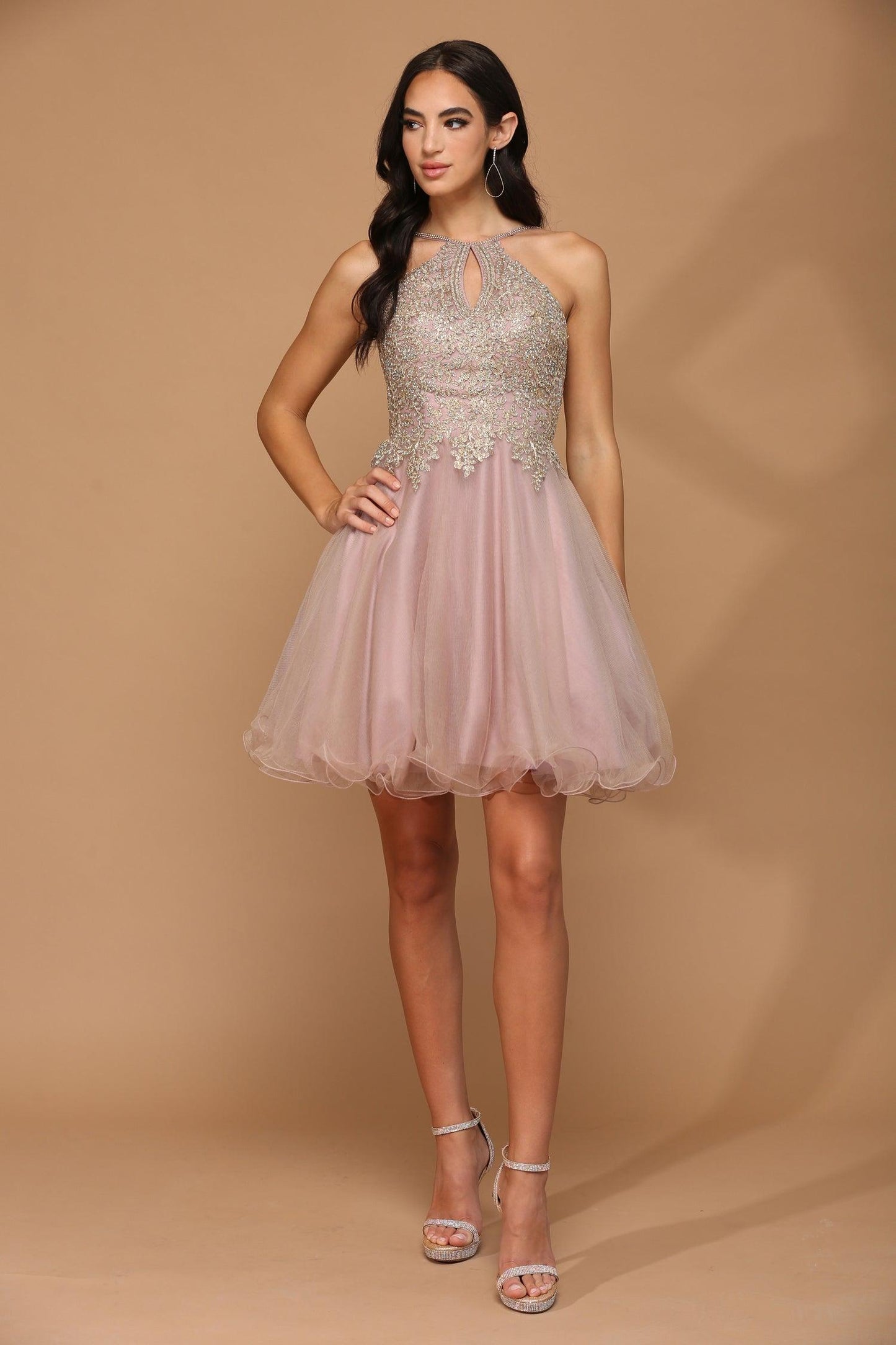 Blush pink off-shoulder mini homecoming dress with lace appliques and tulle overlay zipper back