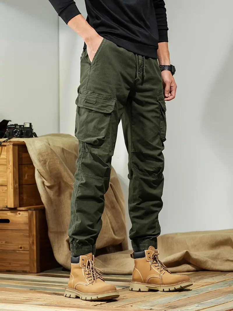 Men's rugged cargo pants cotton blend regular fit mid-rise with multiple utility pockets outdoor style