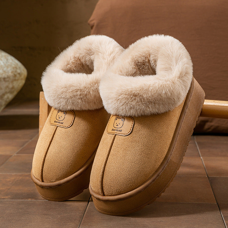 Women's plush lined bootie slippers in neutral tones, slip-on cozy silhouette with platform sole