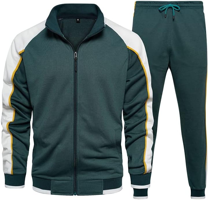 Men's regular fit tracksuit set zip-up jacket and pants with contrasting stripes, sporty style