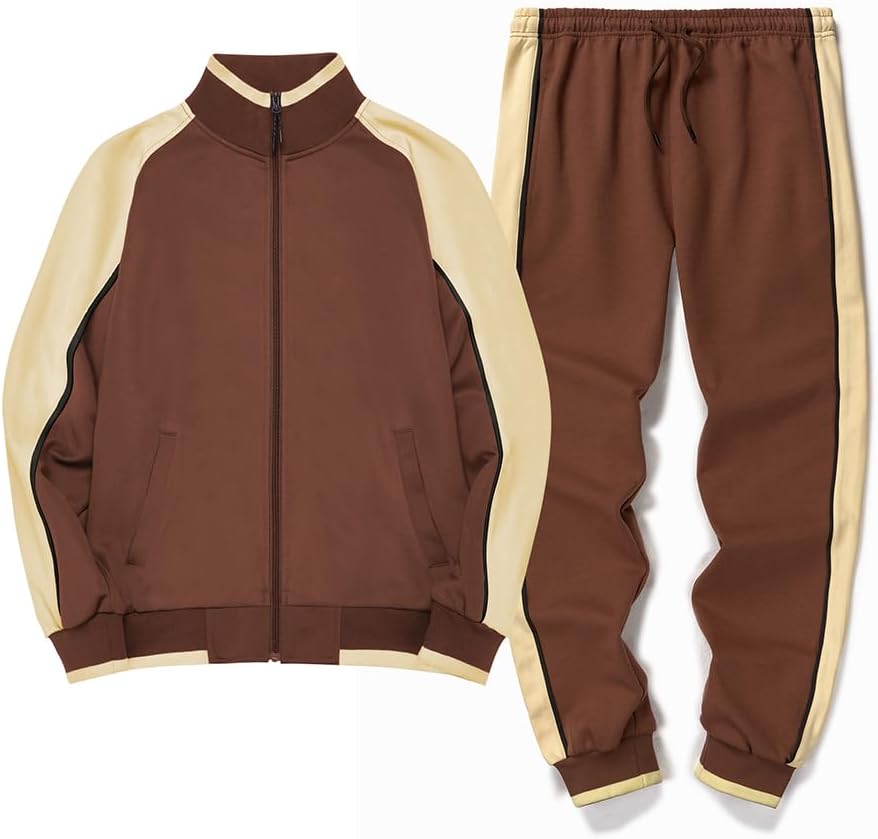 Men's regular fit tracksuit set zip-up jacket and pants with contrasting color stripes