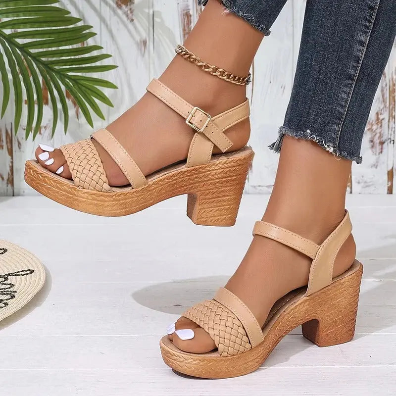 Lucia women's elegant block heel sandals with woven straps and adjustable ankle buckle closure